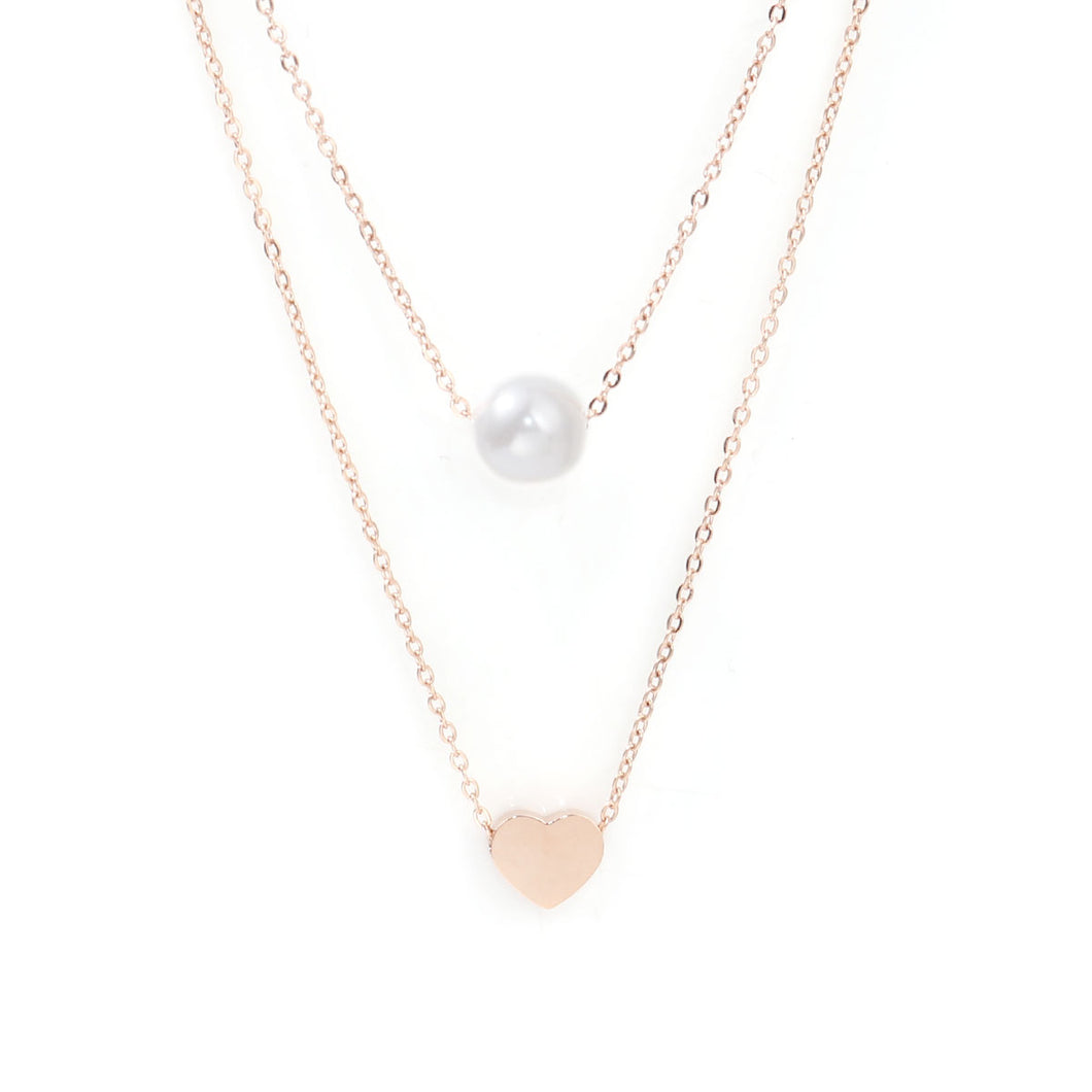 Double Layer Rose Gold Heart and Pearl Necklace